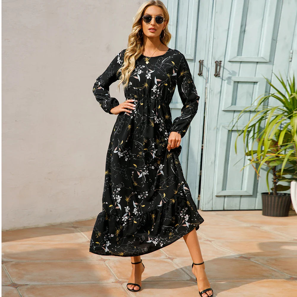 Sping Bohemian Maxi Casual Long Sleeve High Waist Chiffon Midi Dresses