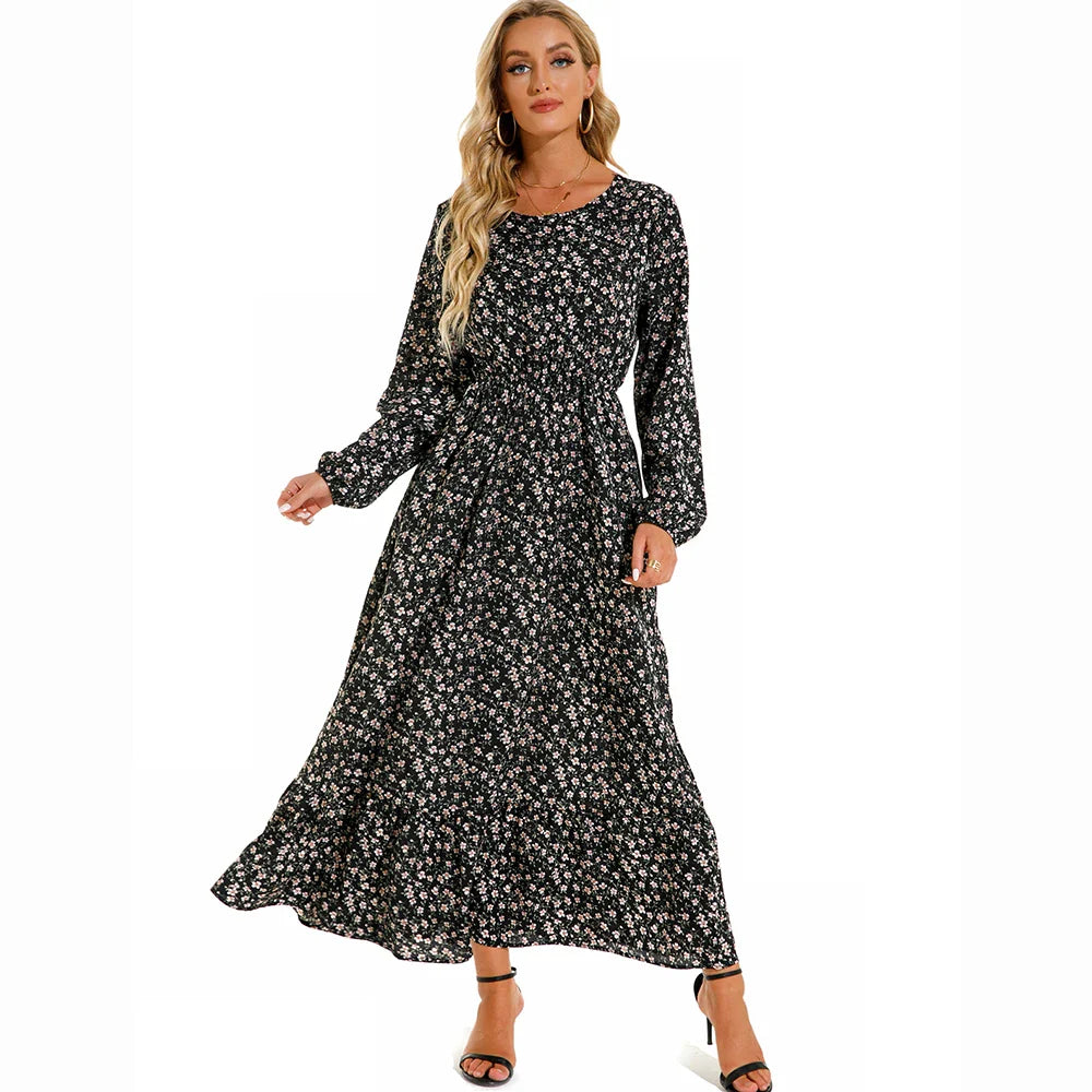 Sping Bohemian Maxi Casual Long Sleeve High Waist Chiffon Midi Dresses