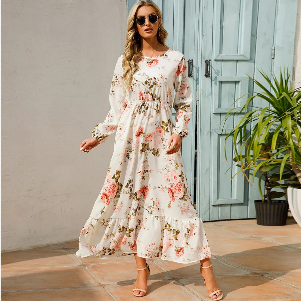 Sping Bohemian Maxi Casual Long Sleeve High Waist Chiffon Midi Dresses