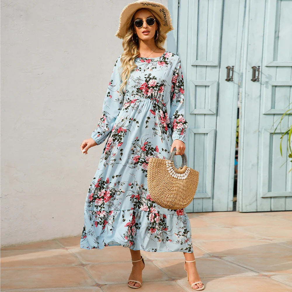 Sping Bohemian Maxi Casual Long Sleeve High Waist Chiffon Midi Dresses