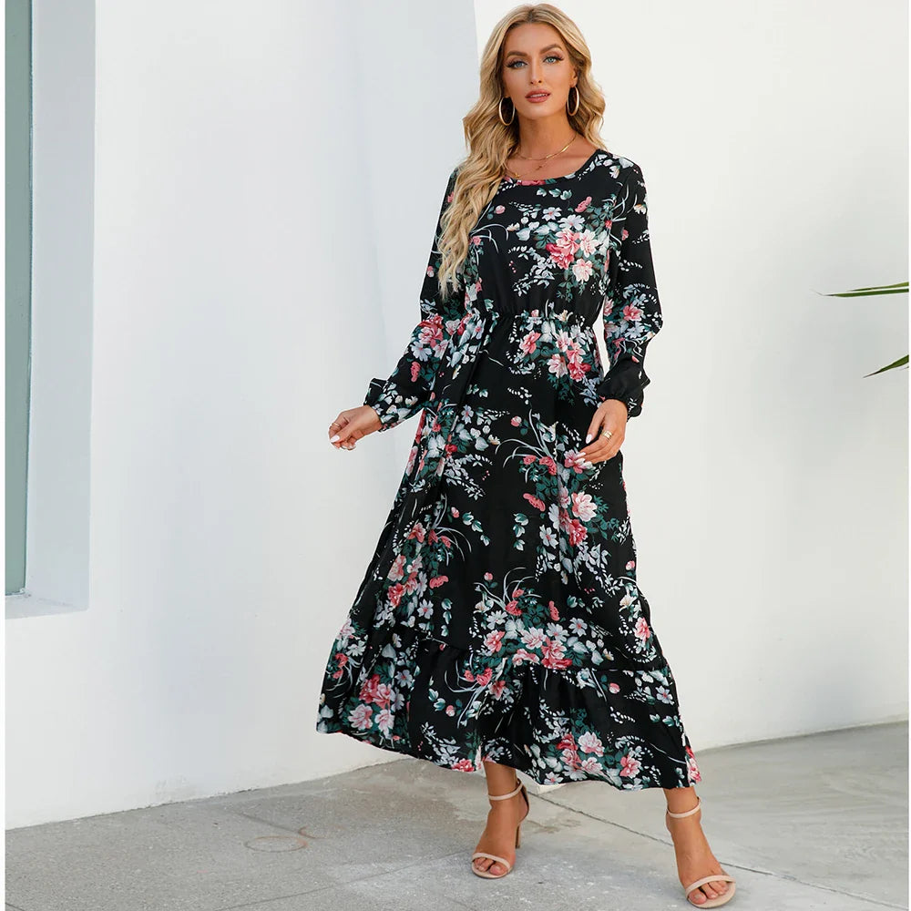 Sping Bohemian Maxi Casual Long Sleeve High Waist Chiffon Midi Dresses