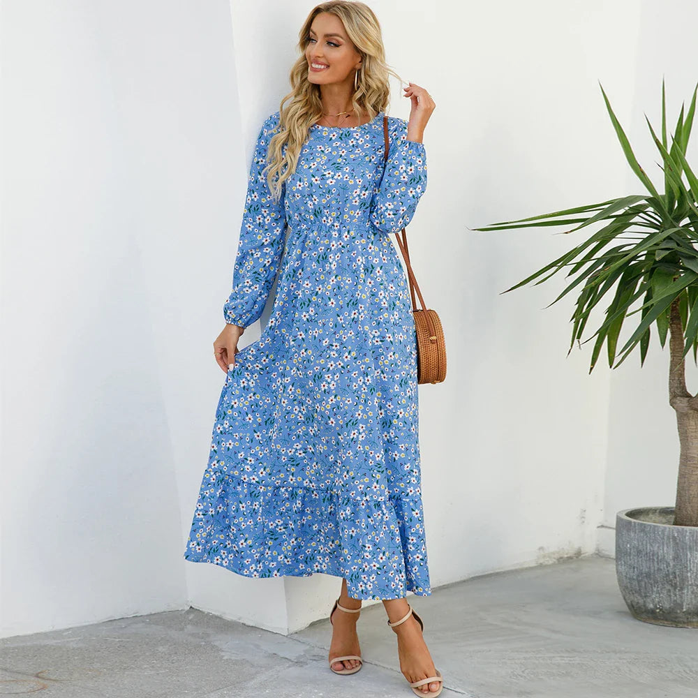 Sping Bohemian Maxi Casual Long Sleeve High Waist Chiffon Midi Dresses