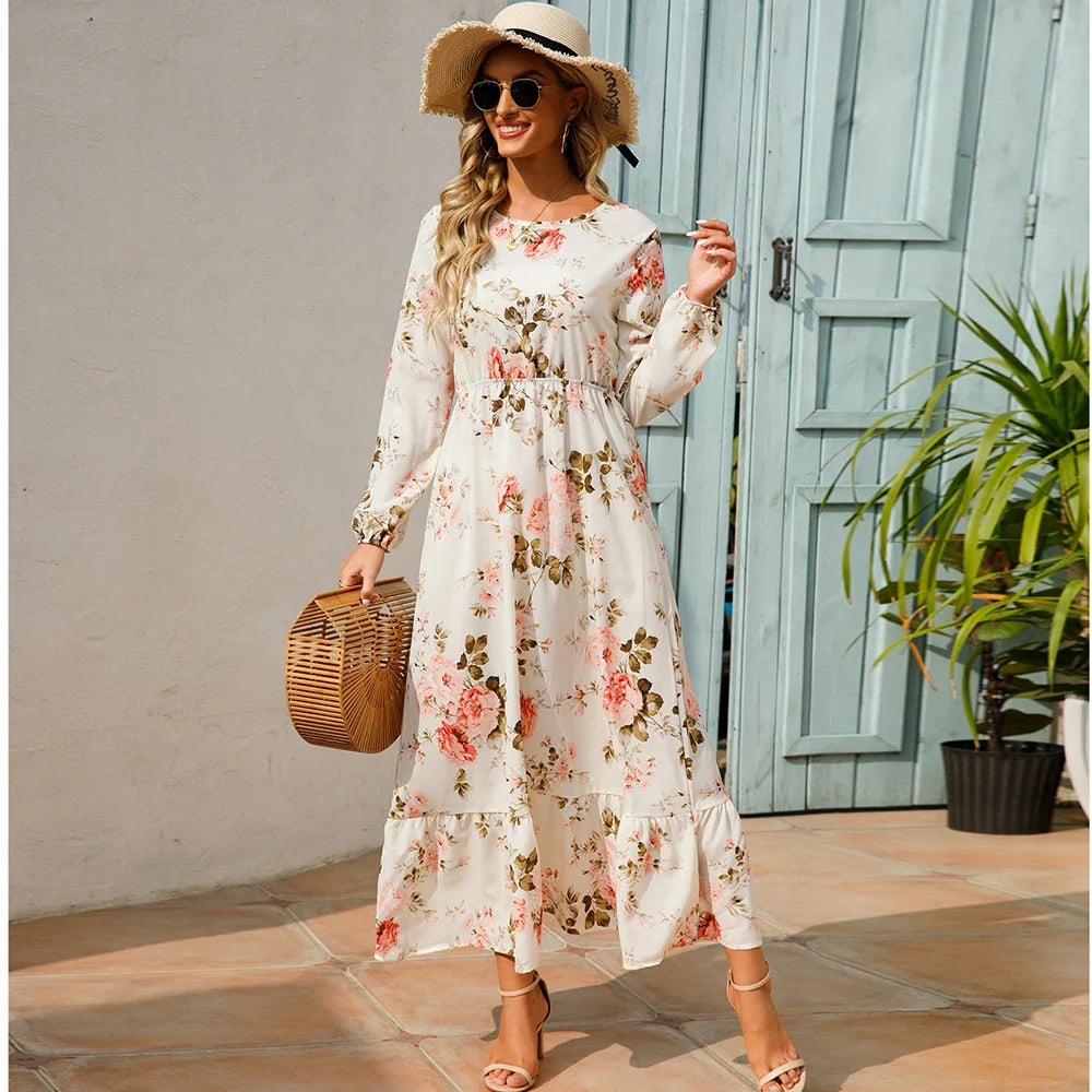 Sping Bohemian Maxi Casual Long Sleeve High Waist Chiffon Midi Dresses