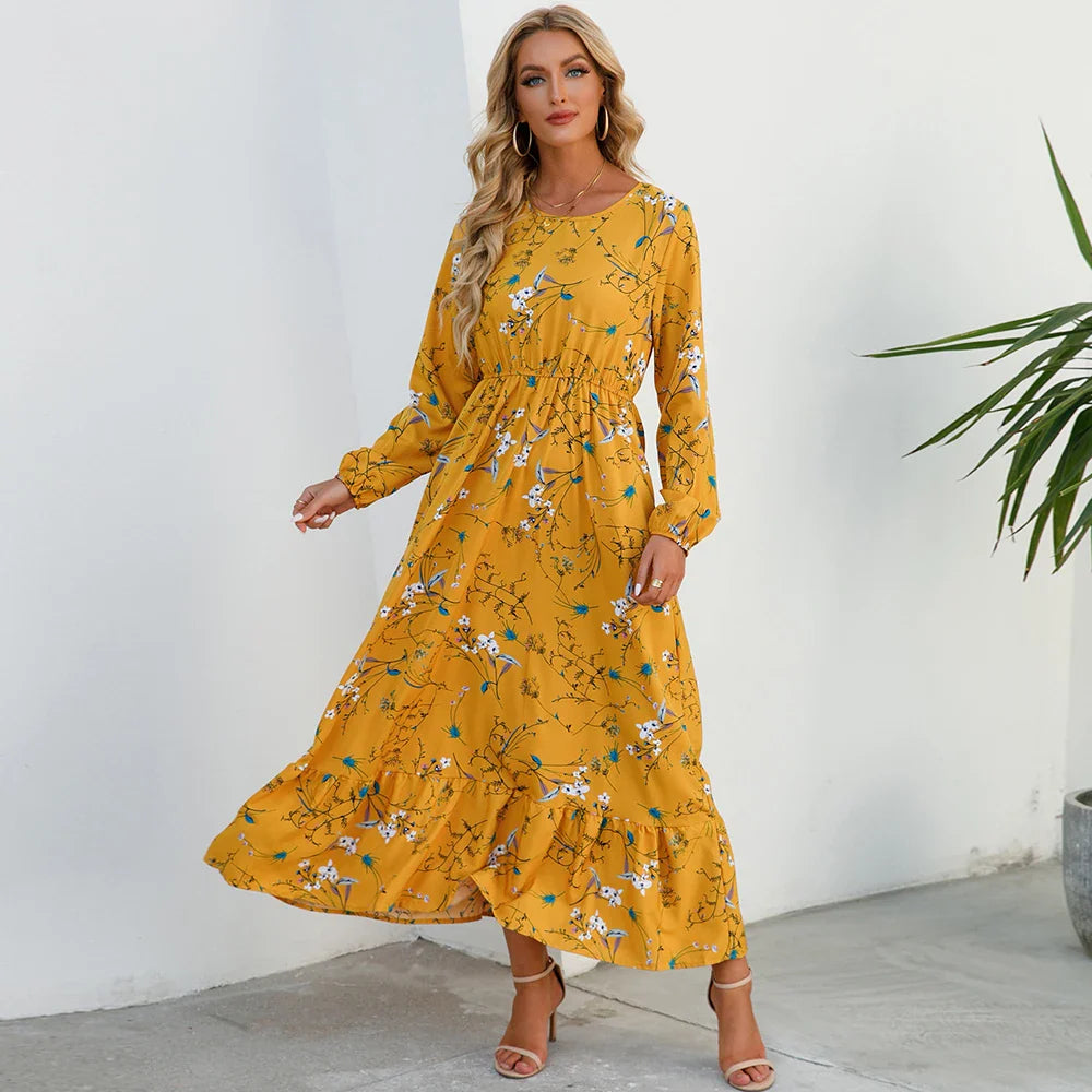 Sping Bohemian Maxi Casual Long Sleeve High Waist Chiffon Midi Dresses