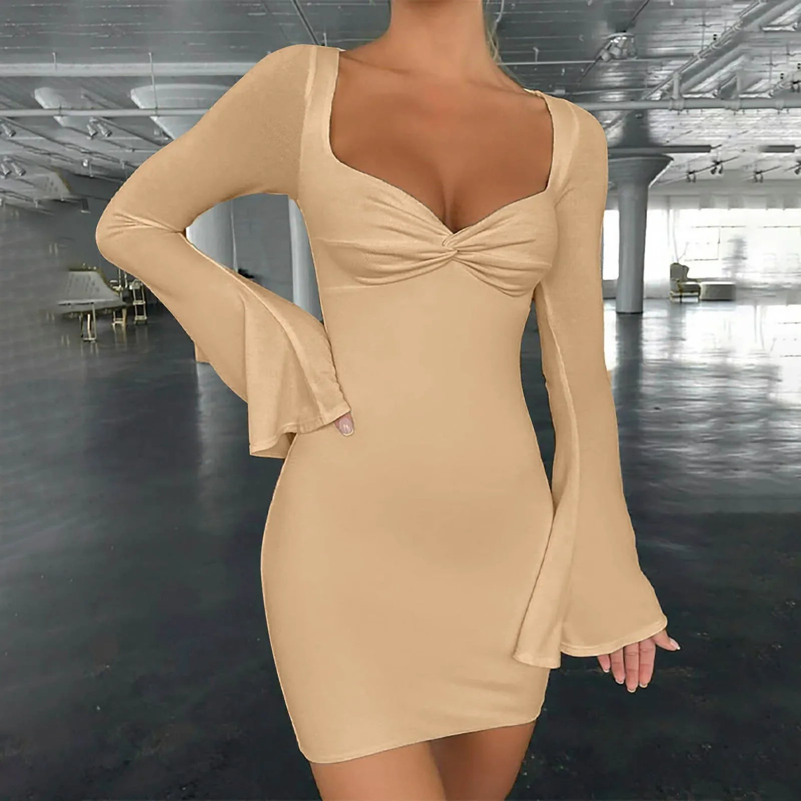 Stretchy Party Club Flare Long Sleeve Square Collar Midi Dress