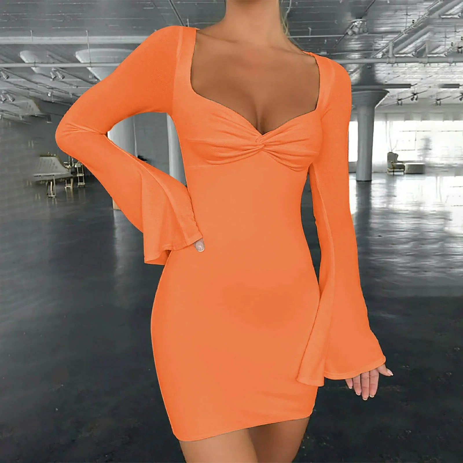 Stretchy Party Club Flare Long Sleeve Square Collar Midi Dress