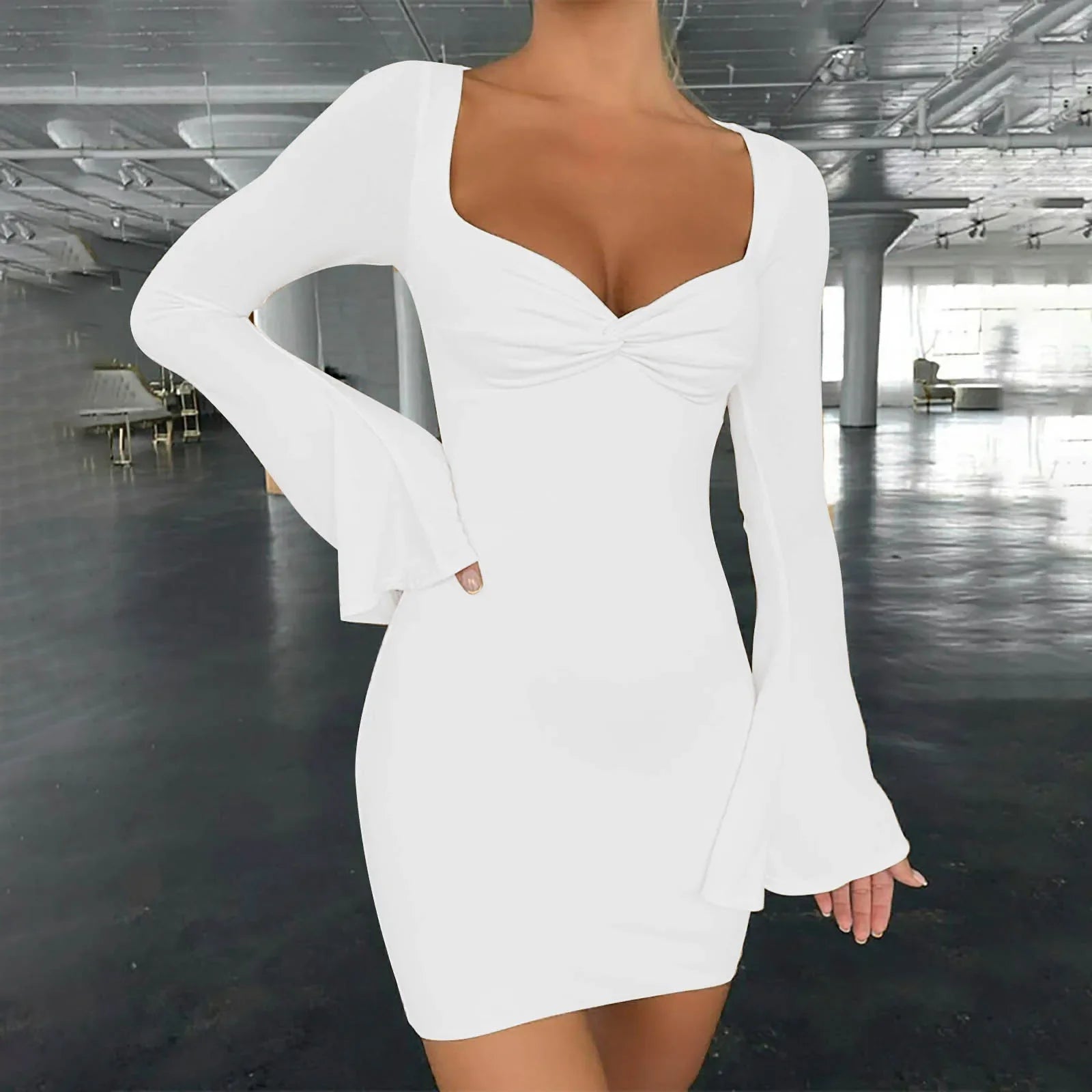 Stretchy Party Club Flare Long Sleeve Square Collar Midi Dress