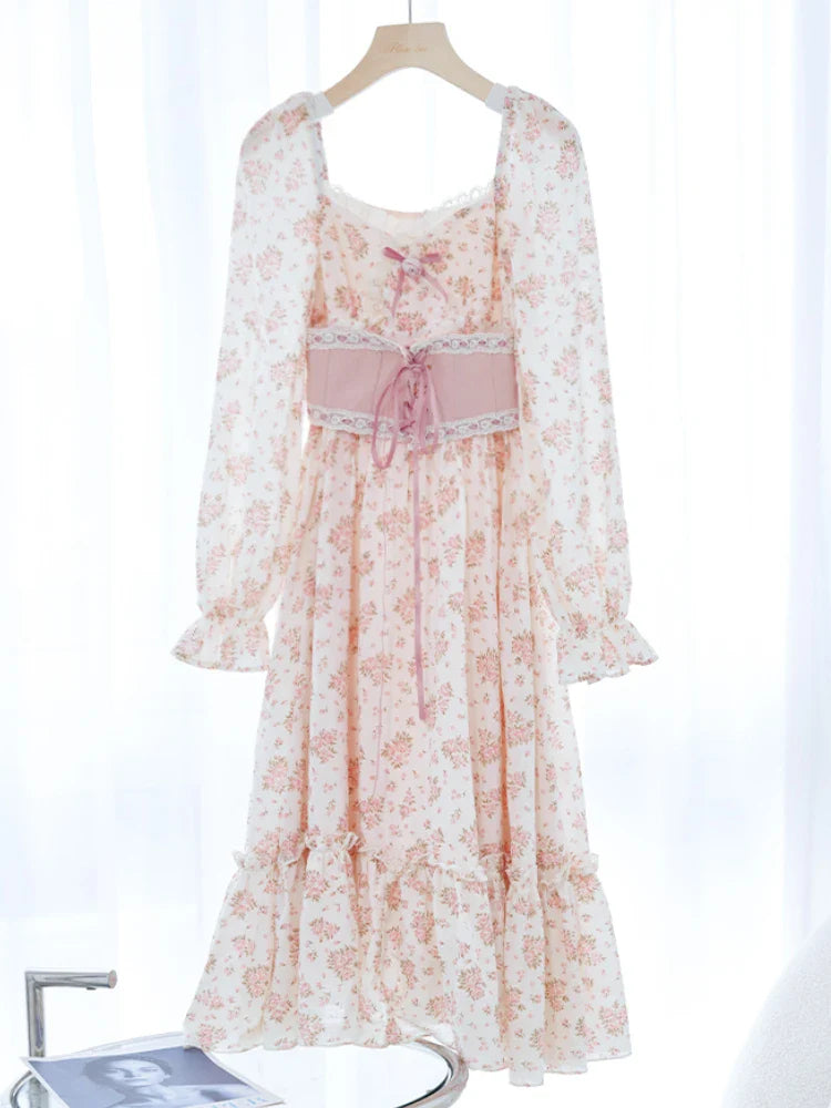 Elegant Sweet Lace Print Princess Floral Dress