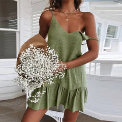 Army Green Strap Ruffles Casual Holiday White Midi Dresses