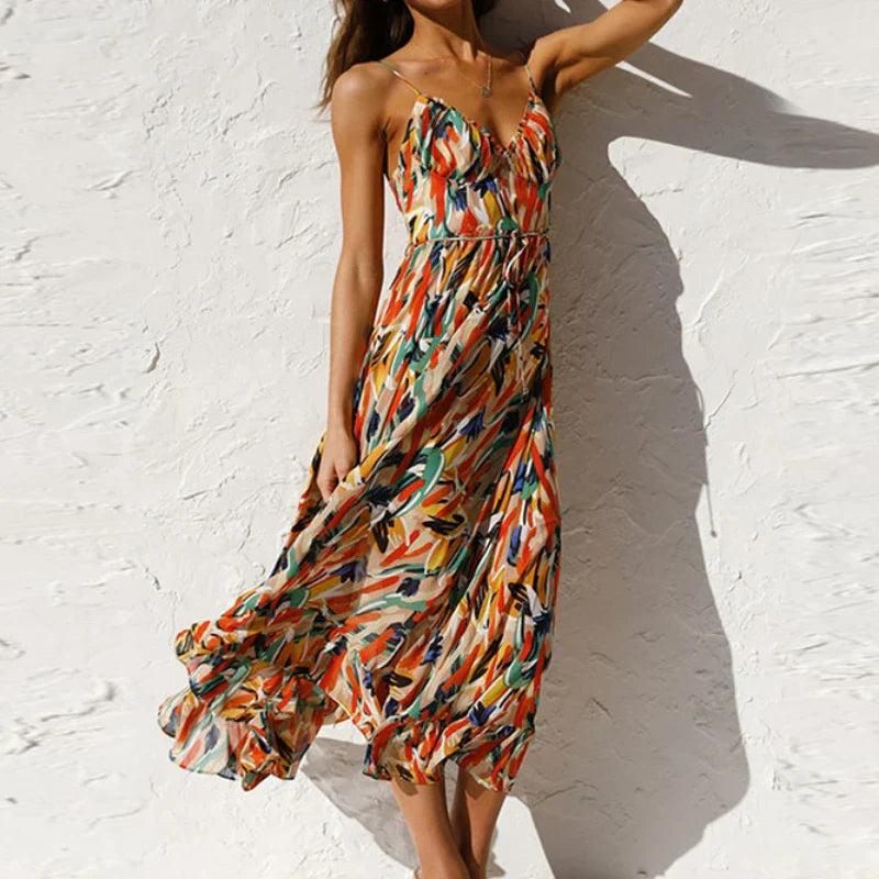 Summer Fashion Elegant V-Neck Backless Sling Boho Dress