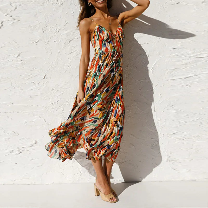 Summer Fashion Elegant V-Neck Backless Sling Boho Dress