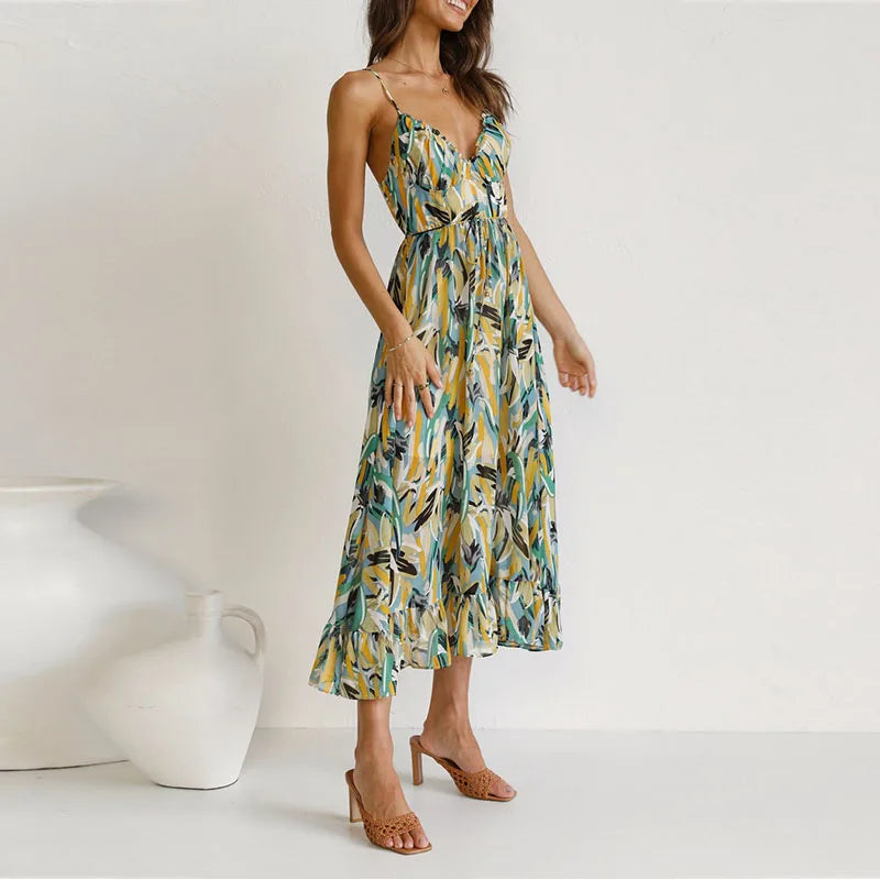 Summer Fashion Elegant V-Neck Backless Sling Boho Dress