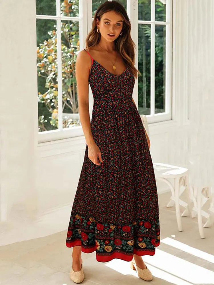 Bohemian Party Flower Spaghetti Strap Summer Maxi Boho Dress