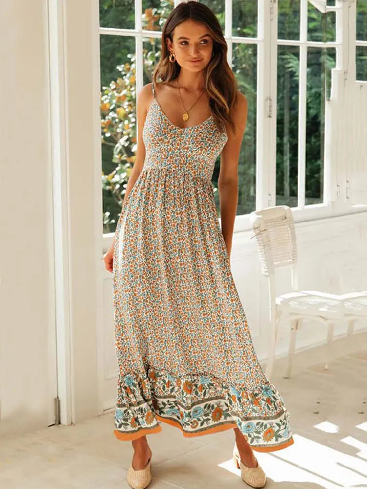 Bohemian Party Flower Spaghetti Strap Summer Maxi Boho Dress