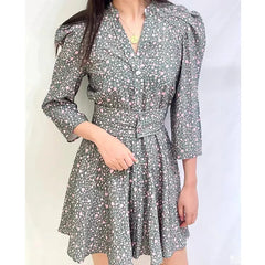 Summer New Single-breasted V-neck Mid-sleeve Floral Dress