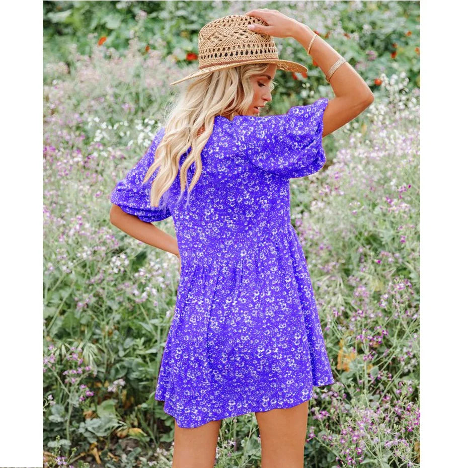 Casual Small Floral Lantern Sleeve for  Boho Dress