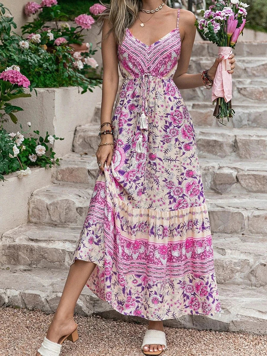 Summer Bohemian Floral Print Beach Sundress Boho Dress