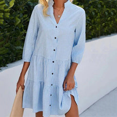 Beach  Half V-neck Patchwork Button Fashion Casual Elegant Female Midi Dresses