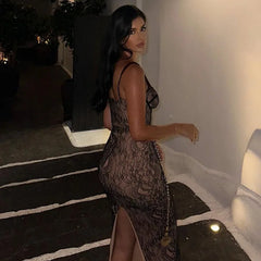 New Spring Lace Stitching Backless Slit Elegant Maxi Dress