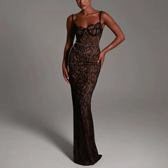 New Spring Lace Stitching Backless Slit Elegant Maxi Dress