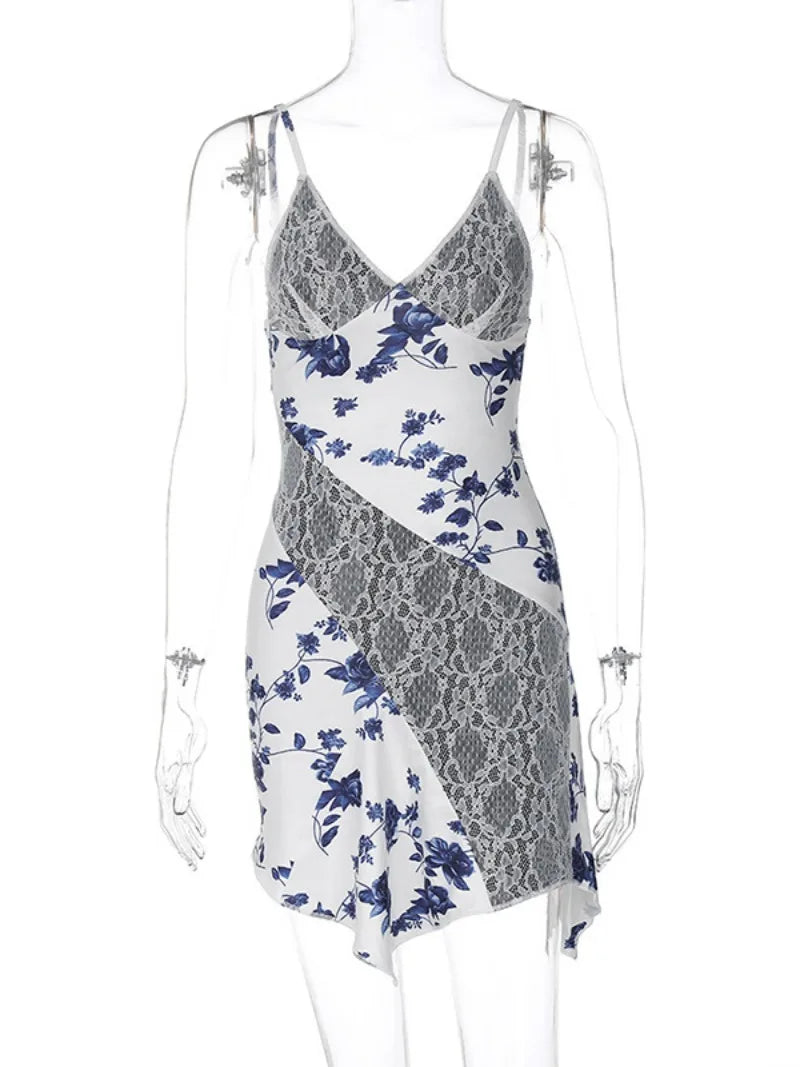 Streetwear  Sleeveless Backless Asymmetrical Lace Dress