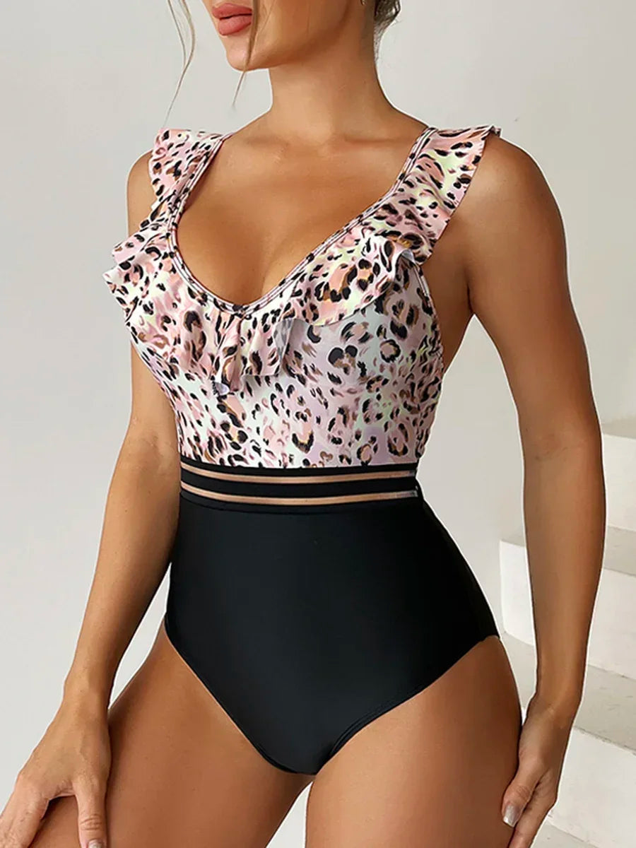 V-neck Leopard Mesh Tape One-Piece Basic Swimsuit