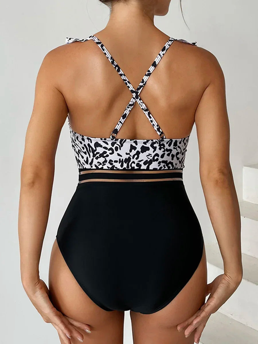 V-neck Leopard Mesh Tape One-Piece Basic Swimsuit