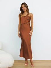 Elegant One-Shoulder Satin French Slim  Ladies Midi Dresses