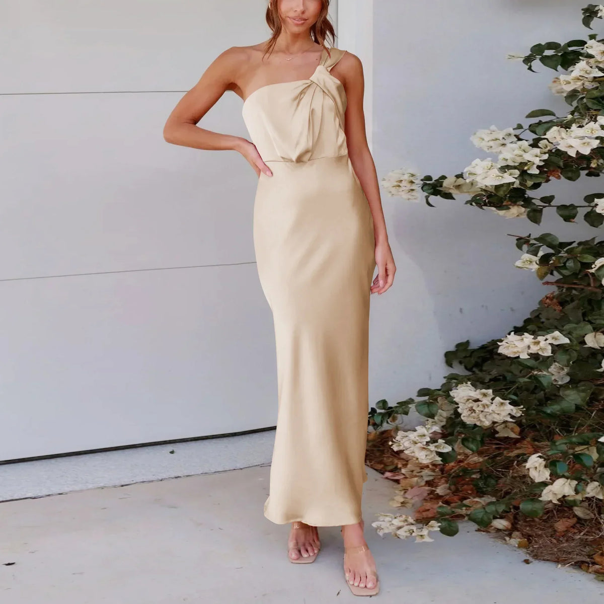 Elegant One-Shoulder Satin French Slim  Ladies Midi Dresses