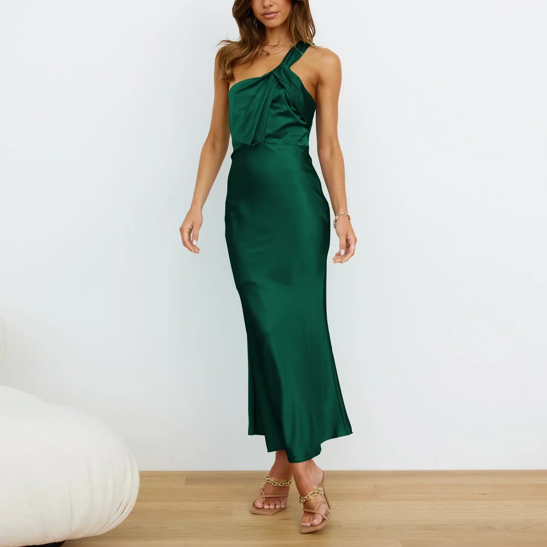 Elegant One-Shoulder Satin French Slim  Ladies Midi Dresses