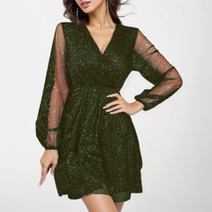 Chic New Elegant  V Neck Long Sleeve Mesh Patchwork Splicing Fashion Lady Party Dress