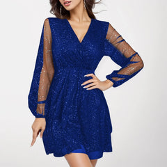 Chic New Elegant  V Neck Long Sleeve Mesh Patchwork Splicing Fashion Lady Party Dress