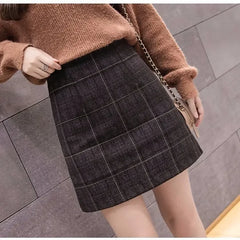 Korean  High Waist Slim Plaid Wool A-step Mini Skirt