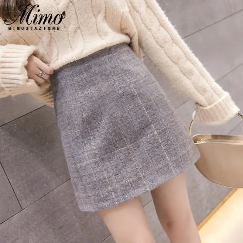 Korean  High Waist Slim Plaid Wool A-step Mini Skirt