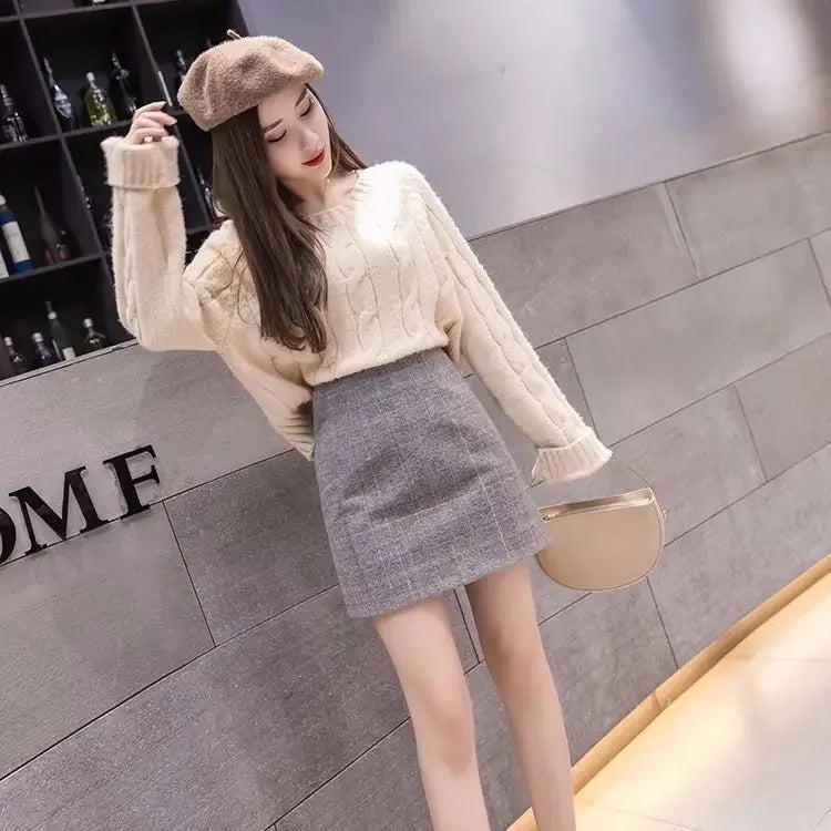 Korean  High Waist Slim Plaid Wool A-step Mini Skirt