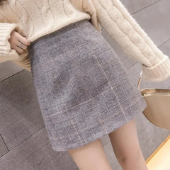 Korean  High Waist Slim Plaid Wool A-step Mini Skirt