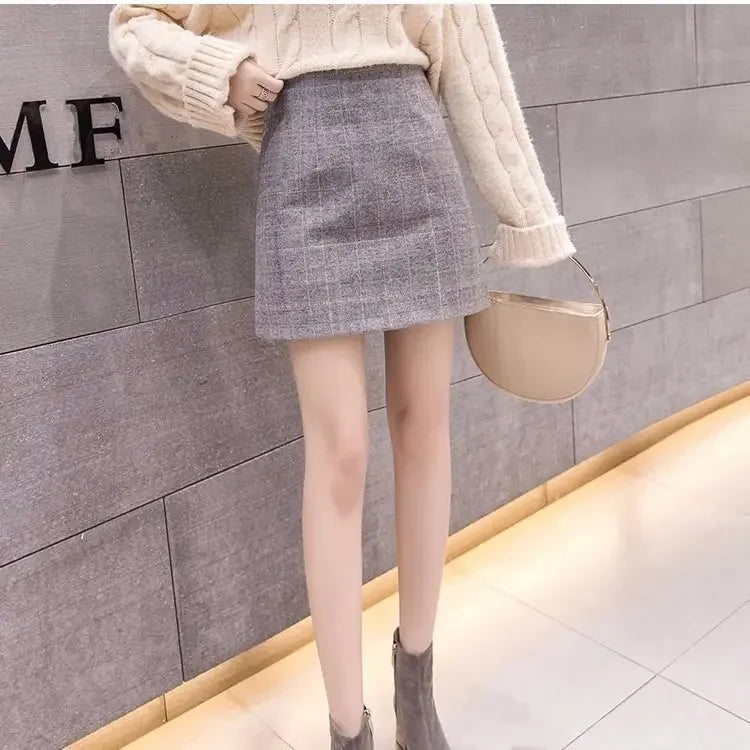 Korean  High Waist Slim Plaid Wool A-step Mini Skirt