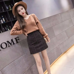 Korean  High Waist Slim Plaid Wool A-step Mini Skirt