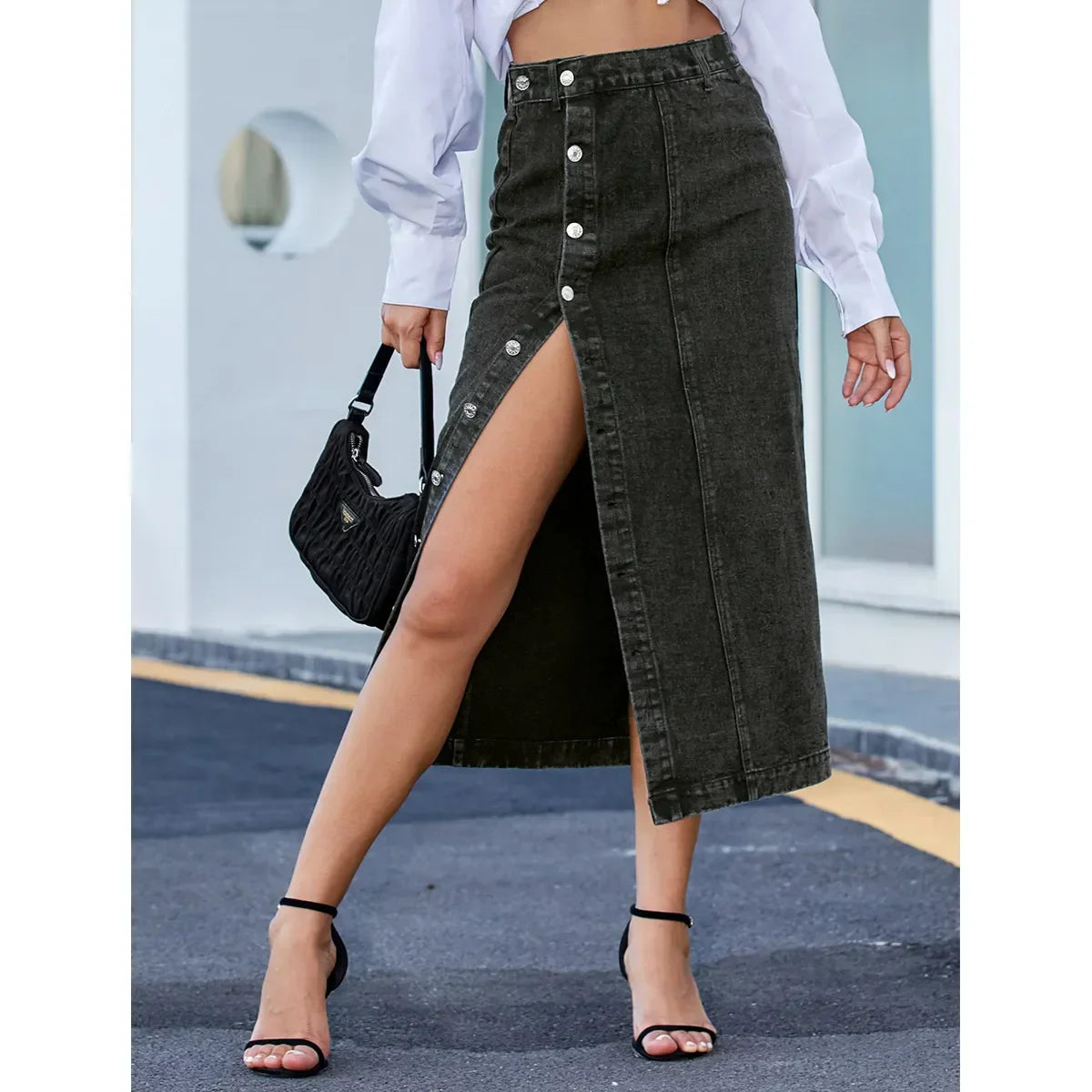 Blue A Line Jean High Waist Irregular Split Long Denim Skirt