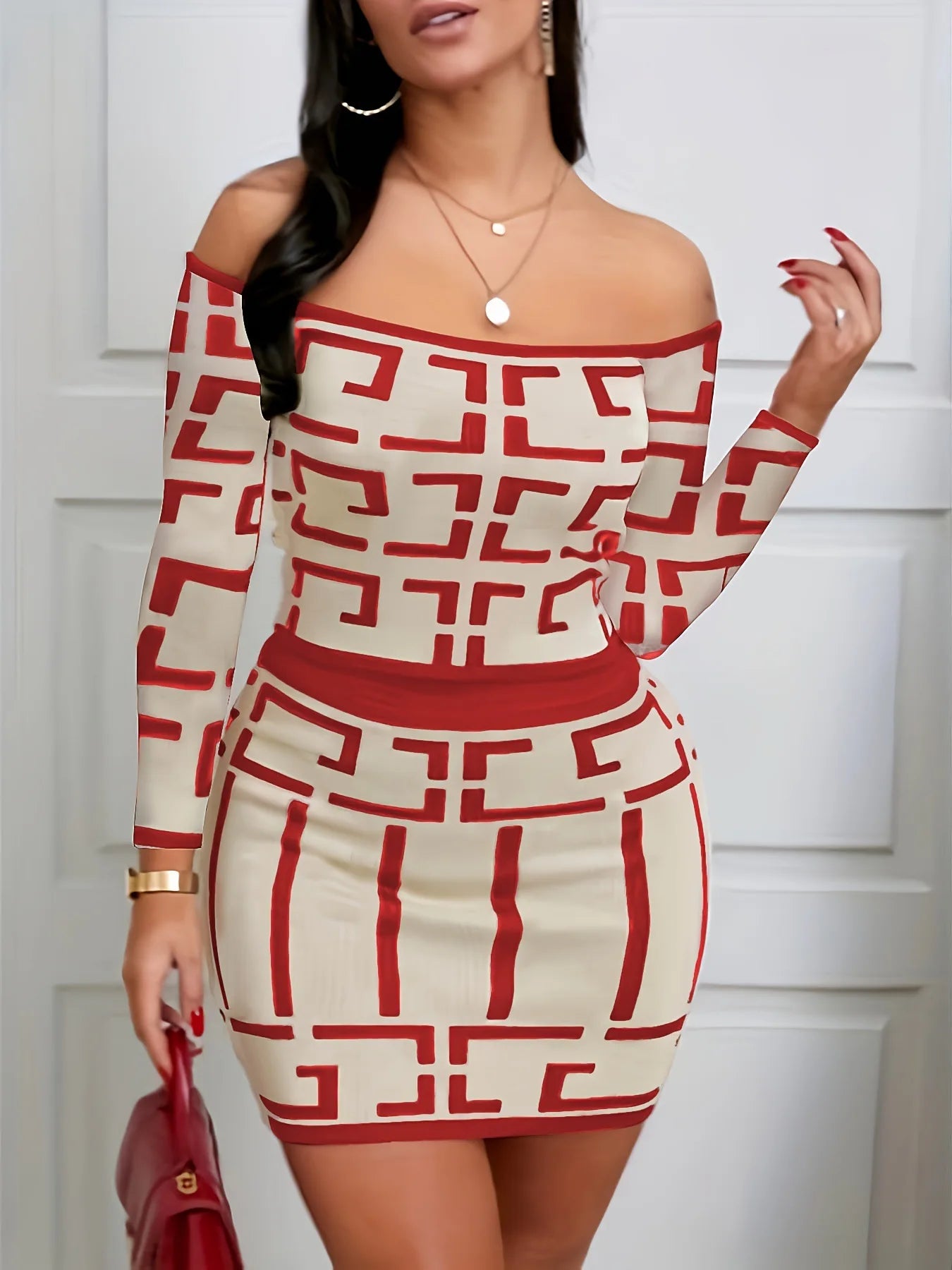 Geometric Print Two-piece Off Shoulder Top Slim Skirt