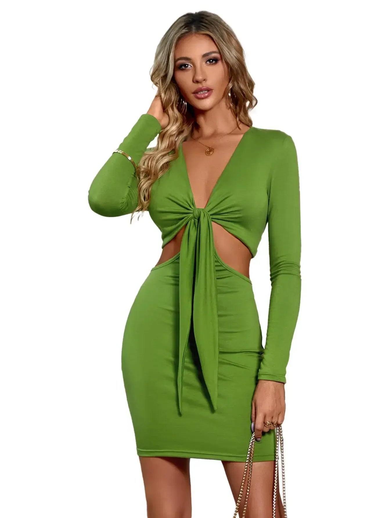 Mid Waist  Split V-Neck Elastic Outfits Solid Midi Dresses