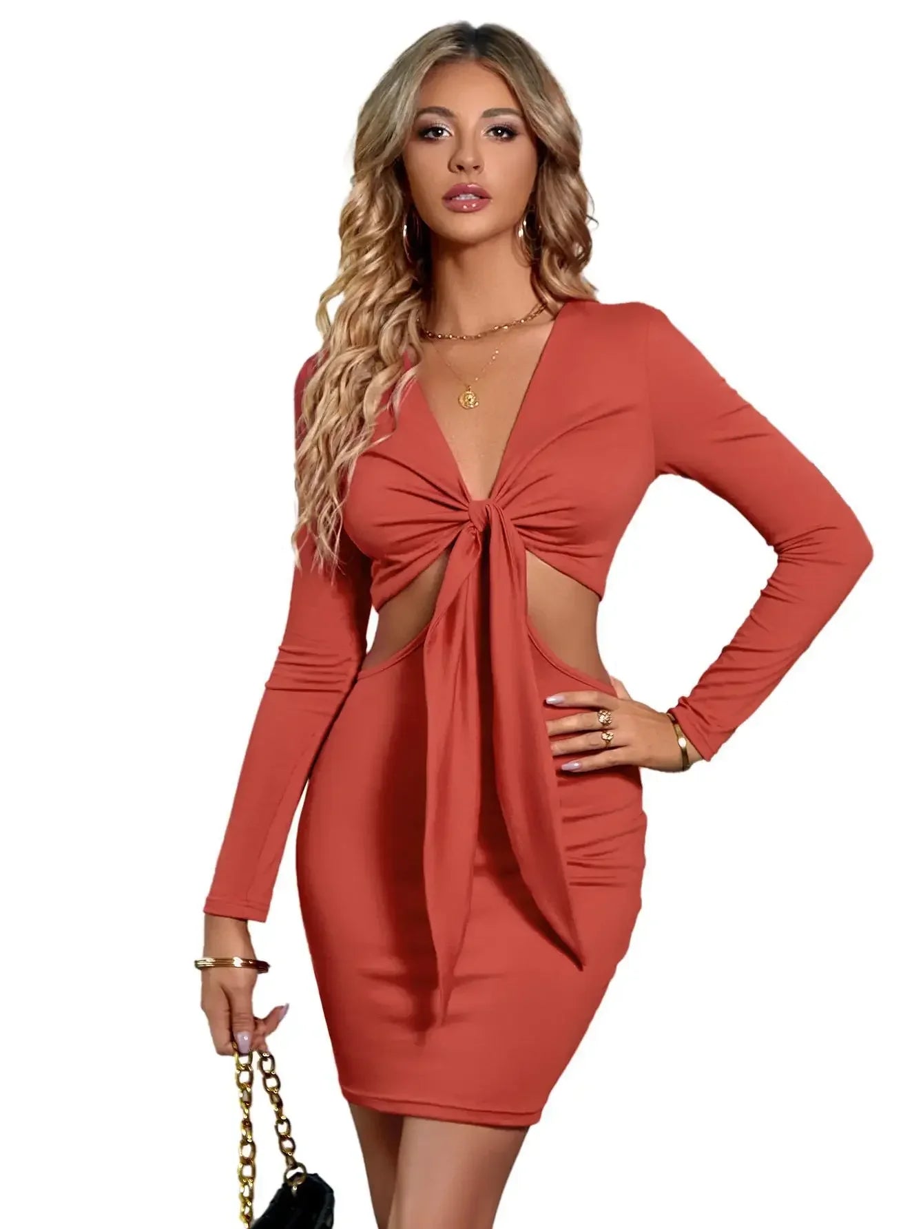 Mid Waist  Split V-Neck Elastic Outfits Solid Midi Dresses