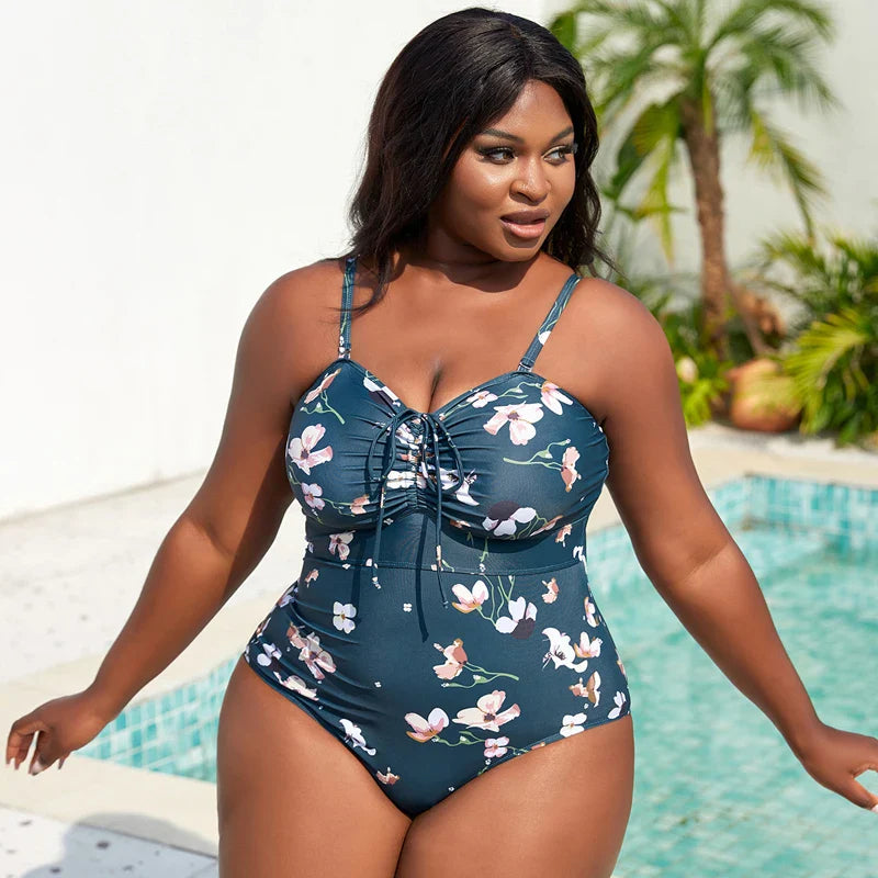 Monokini Print Hollow Out Front  Plus Size Swimsuit