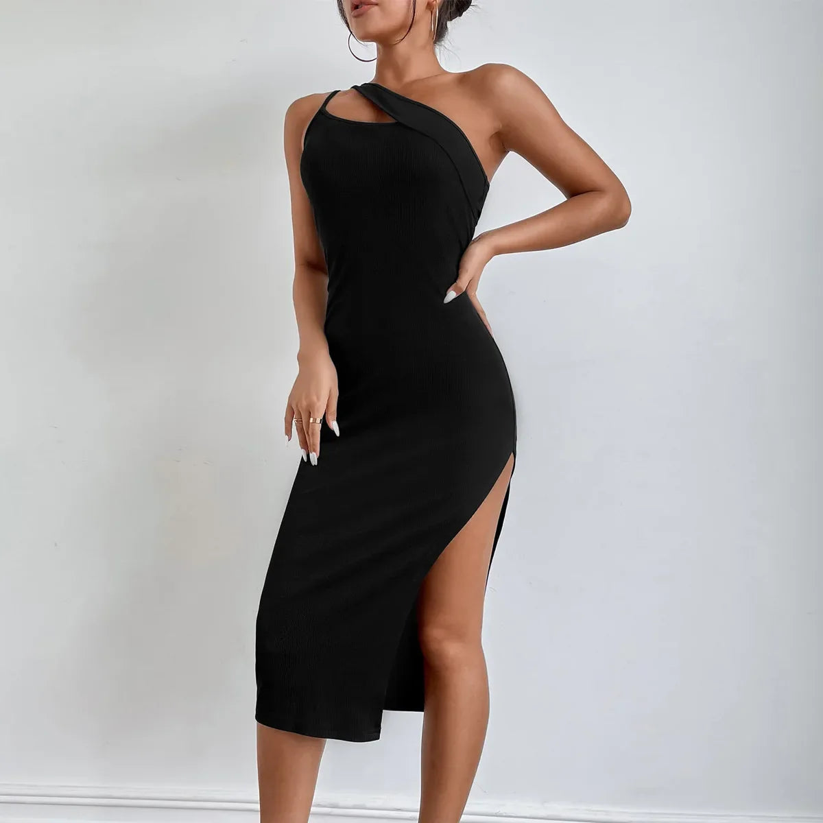 New Slit Oblique Slimming Elegant Casual Y2K Midi Dresses