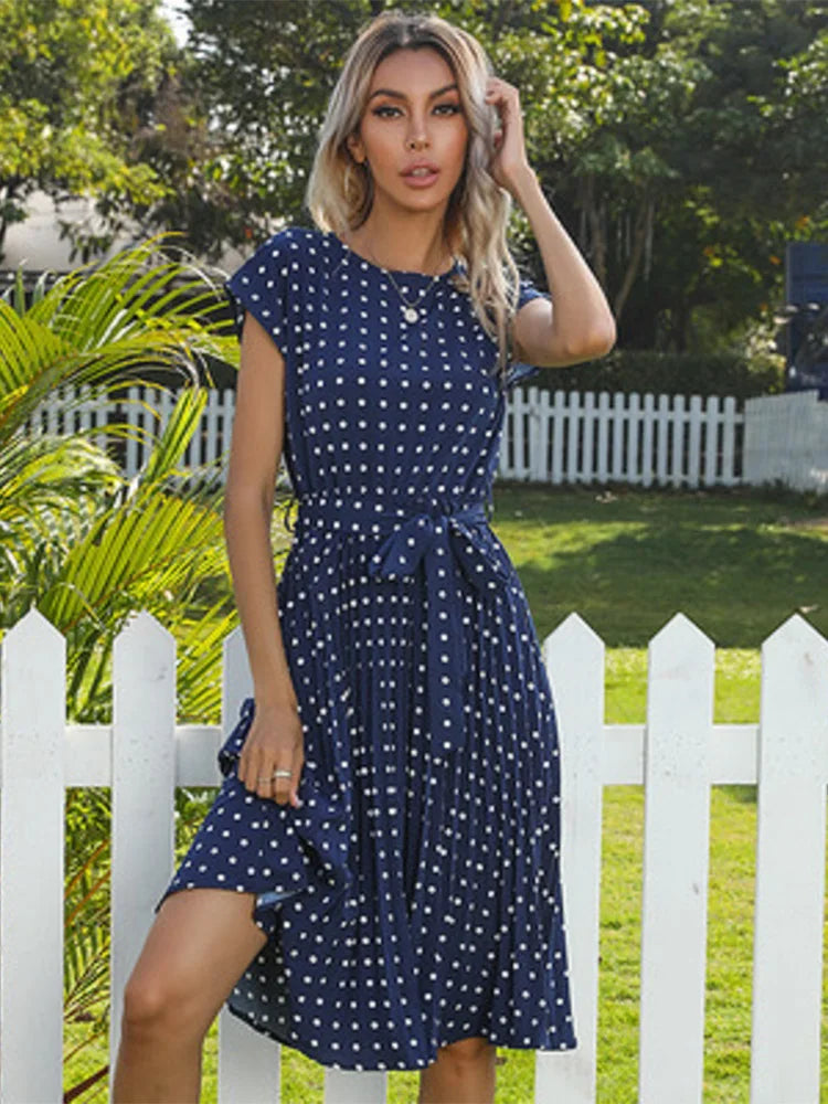 New Summer Polka Dots Pleated Waist Office Green Dinner Midi Dresses