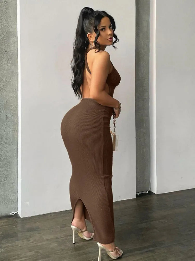 Spring Backless Elegant Evening Birthday Brown Long Midi Dresses