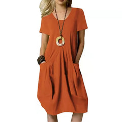 Round-neck Hot Solid Loose Pocket Design Midi Dresses