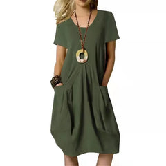 Round-neck Hot Solid Loose Pocket Design Midi Dresses