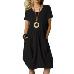 Round-neck Hot Solid Loose Pocket Design Midi Dresses