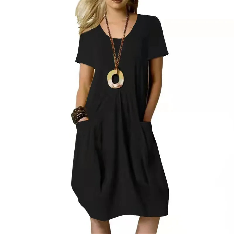 Round-neck Hot Solid Loose Pocket Design Midi Dresses